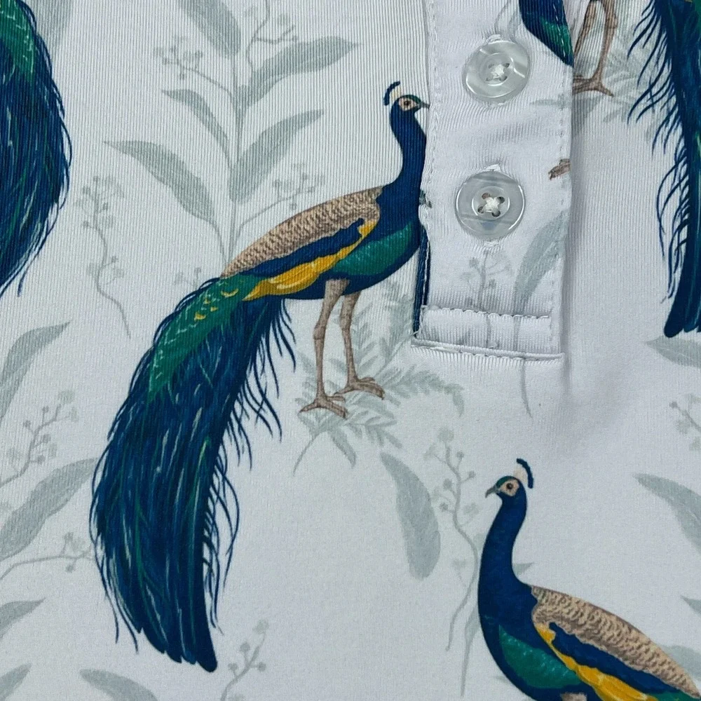 Waggle Polo Shirt Women's XL White Peacocking Bird AOP Golf Athletic Wicking Top - Picture 5 of 9
